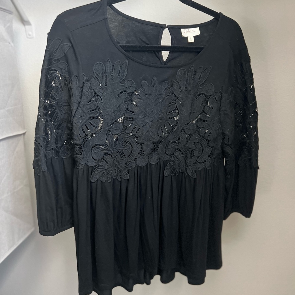 Anthrologie Black Lace Mixed Media  Blouse